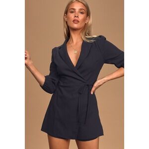Lulus Successfully Stylish Navy Blue Wrap Romper - Size XS